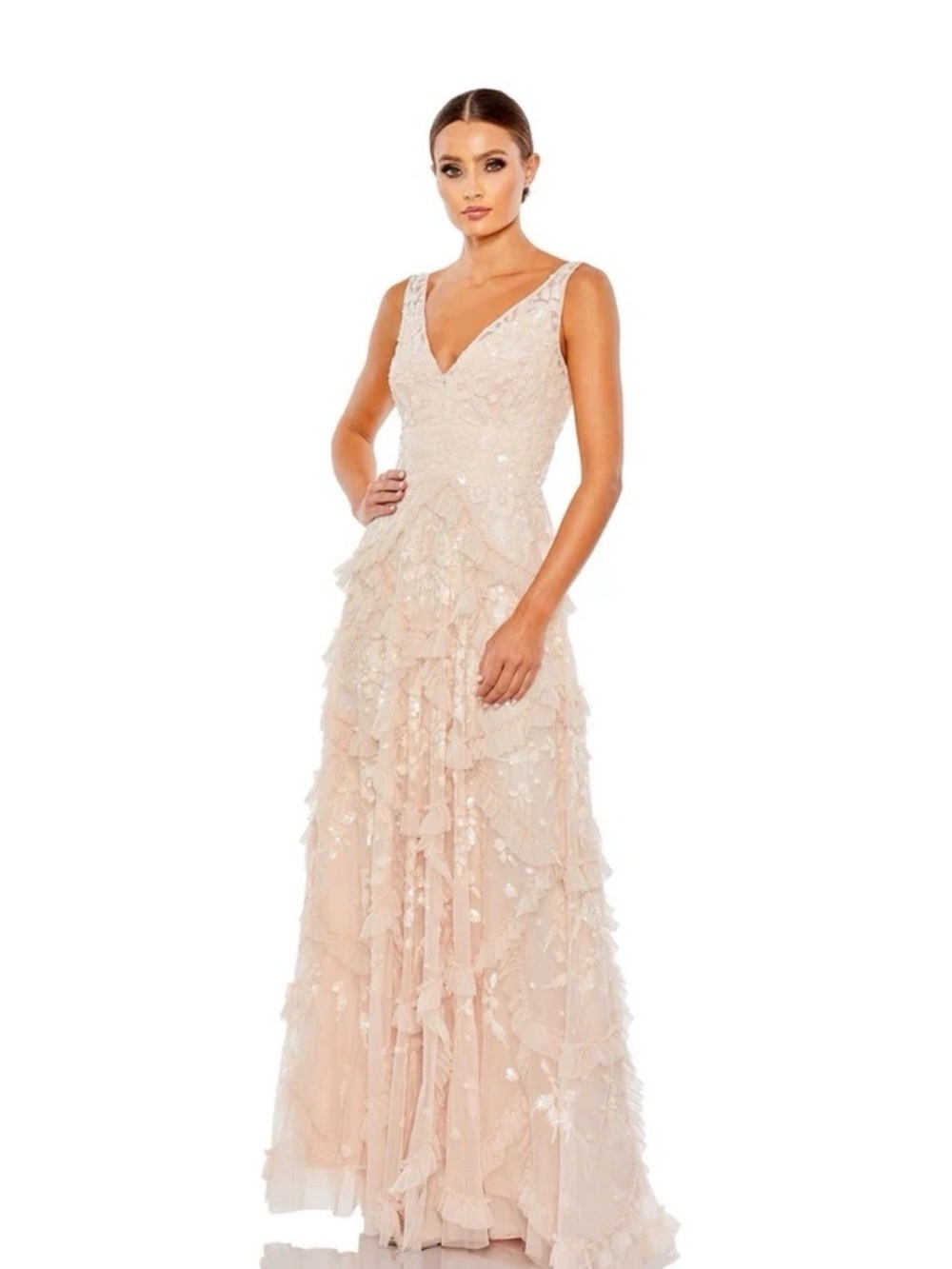 Mac Duggal Elegant Blush V-Neck Embellished Evening Gown